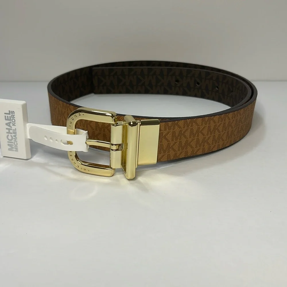 Michael Kors Reversible Women’s Belt Gold Buckle Signature MK Brown & Luggage.